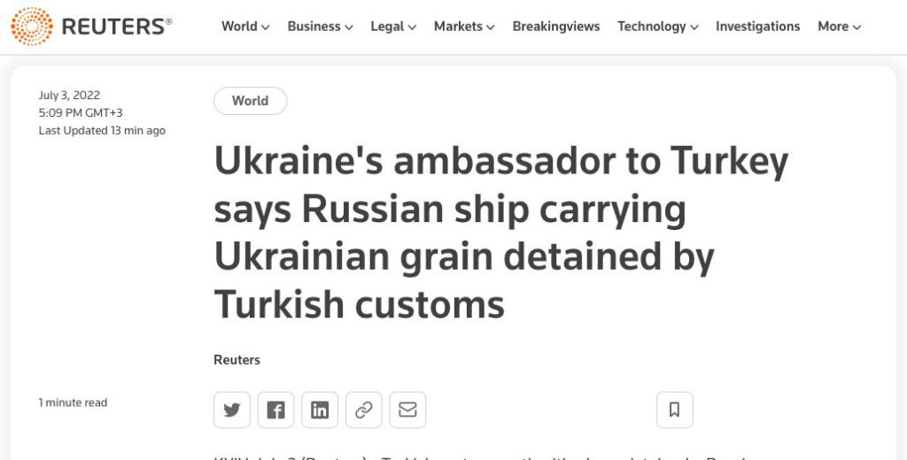В Турции задержали российское грузовое судно, якобы перевозившее украинское зерно.