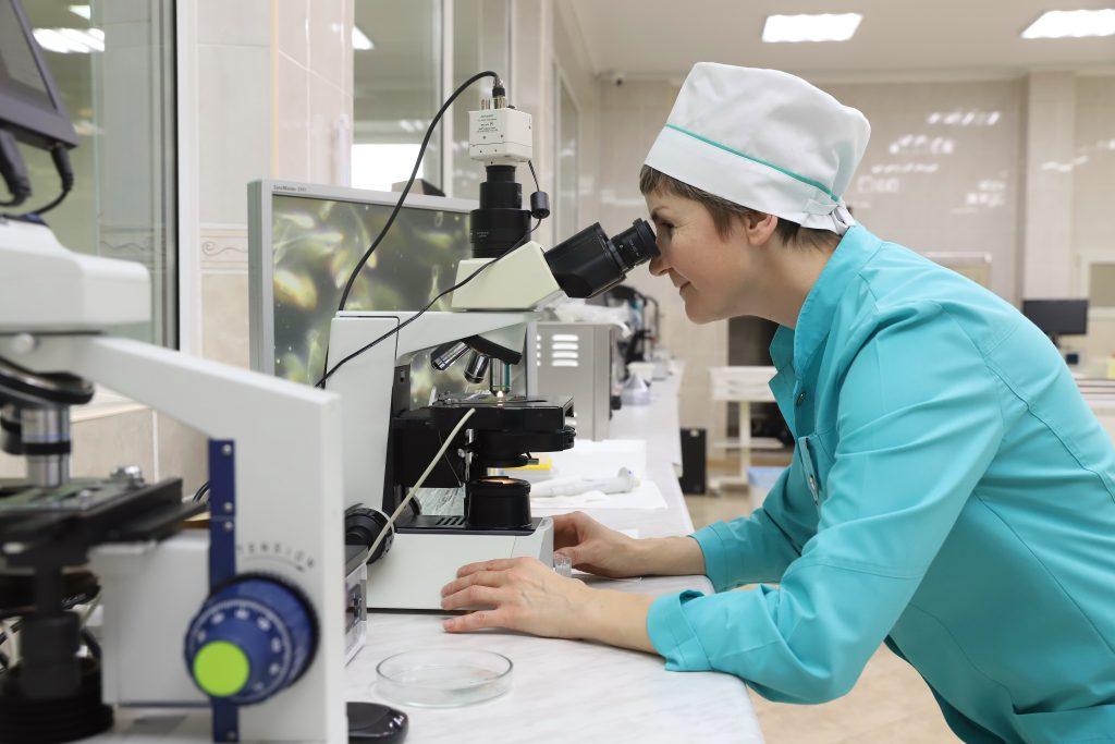 Выполняется анализ свежеполученной спермопродукции быков-производителей в лаборатории Минского племпредприятия
