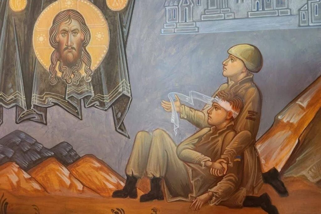 Фреска, которая появилась в часовне около храма Смоленской иконы Божией Матери на Валааме после поездки туда Лукашенко и Путина. Как видно по шевронам солдат, она символизирует примирение.