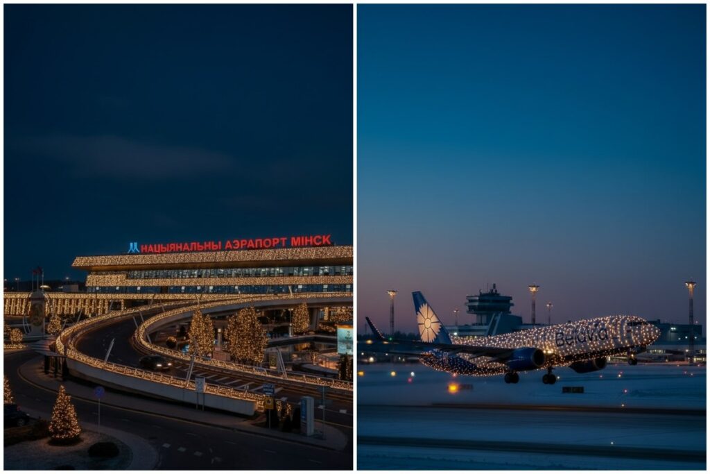 Посмотрите, как аэропорт «Минск» и «Белавиа» засияли праздничными гирляндами — вам понравится